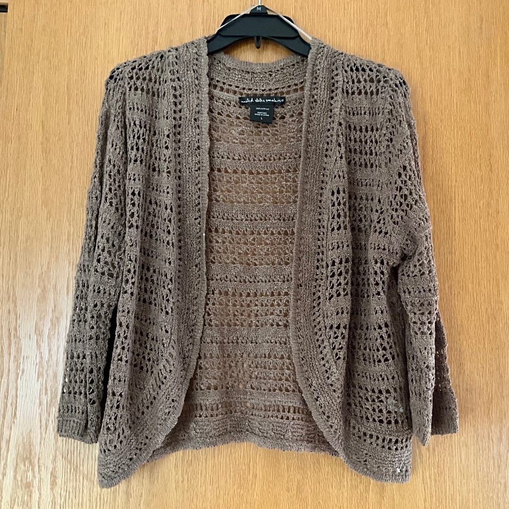 Womens Knit Cardigan Open Front Crochet Lightweight. Size L, Beige. NWOT